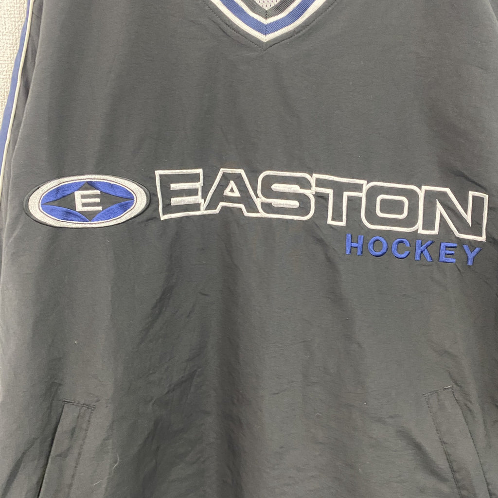 ～90s　EASTON　ナイロンプルオーバージャケット　Vネック　刺繍ロゴ　ワッペン　ヴィンテージ　黒　ブラック　Lサイズ　古着
