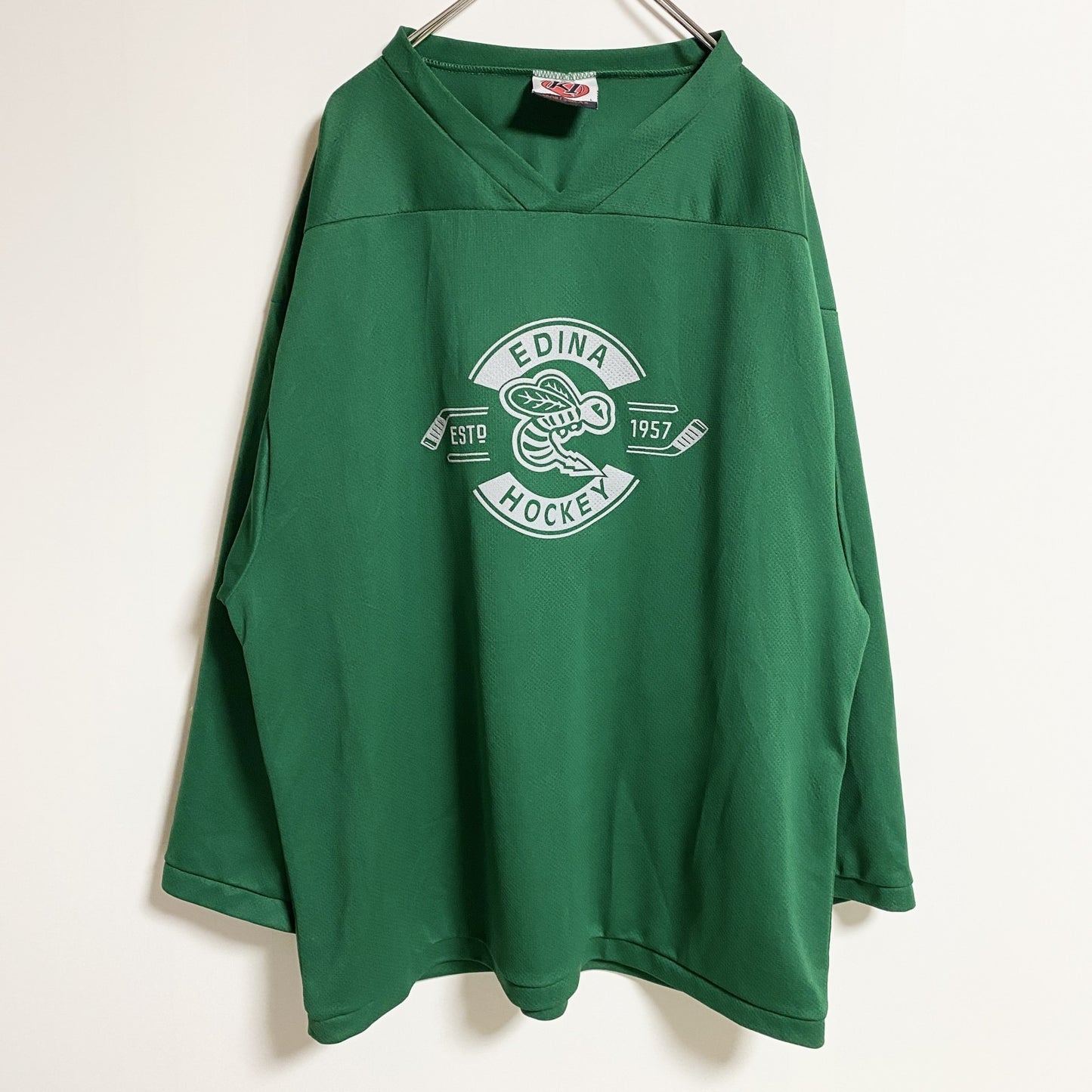 古着 used　EDINA HOCKEY　長袖ゲームシャツ　ロンTシャツ　緑　レトロデザイン　スポーティ　Lサイズ