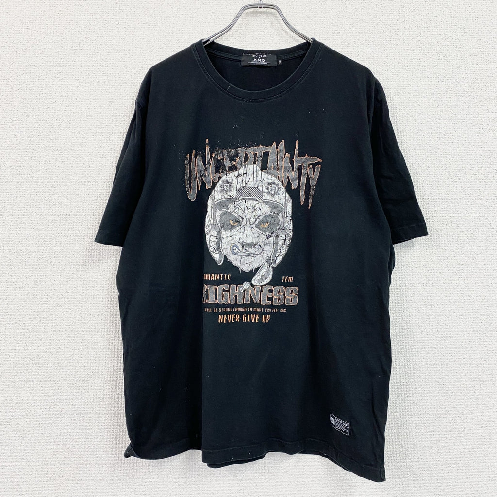 BIG PLUS　JSMIX　半袖プリントアニマルTシャツ　NEVER GIVE UP　黒　ブラック　5XLサイズ　古着