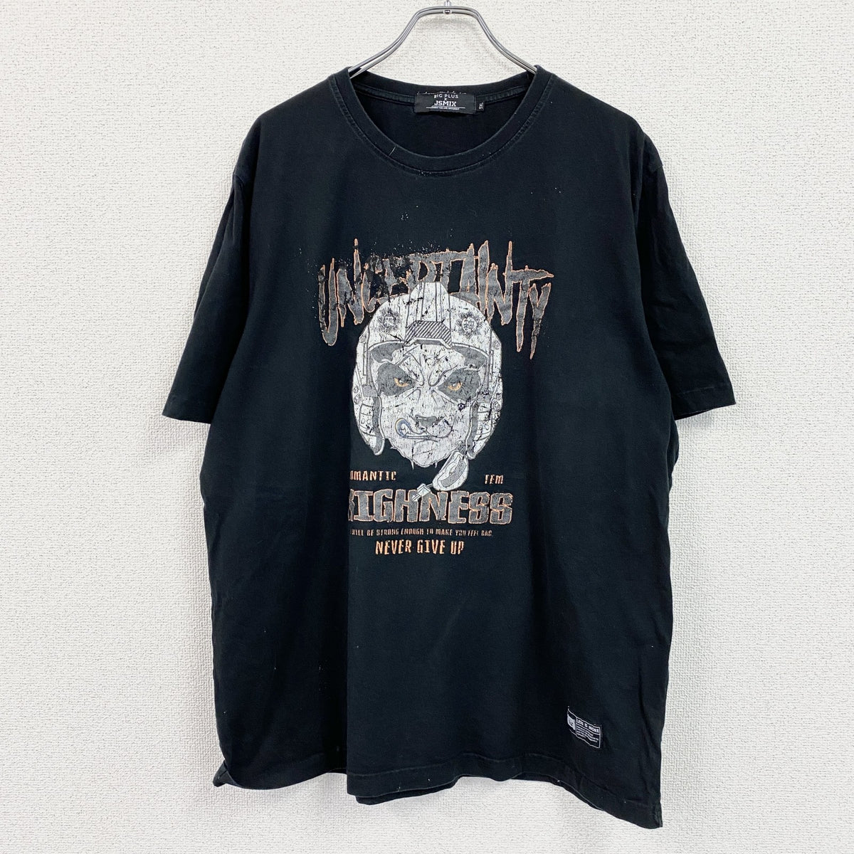 BIG PLUS　JSMIX　半袖プリントアニマルTシャツ　NEVER GIVE UP　黒　ブラック　5XLサイズ　古着