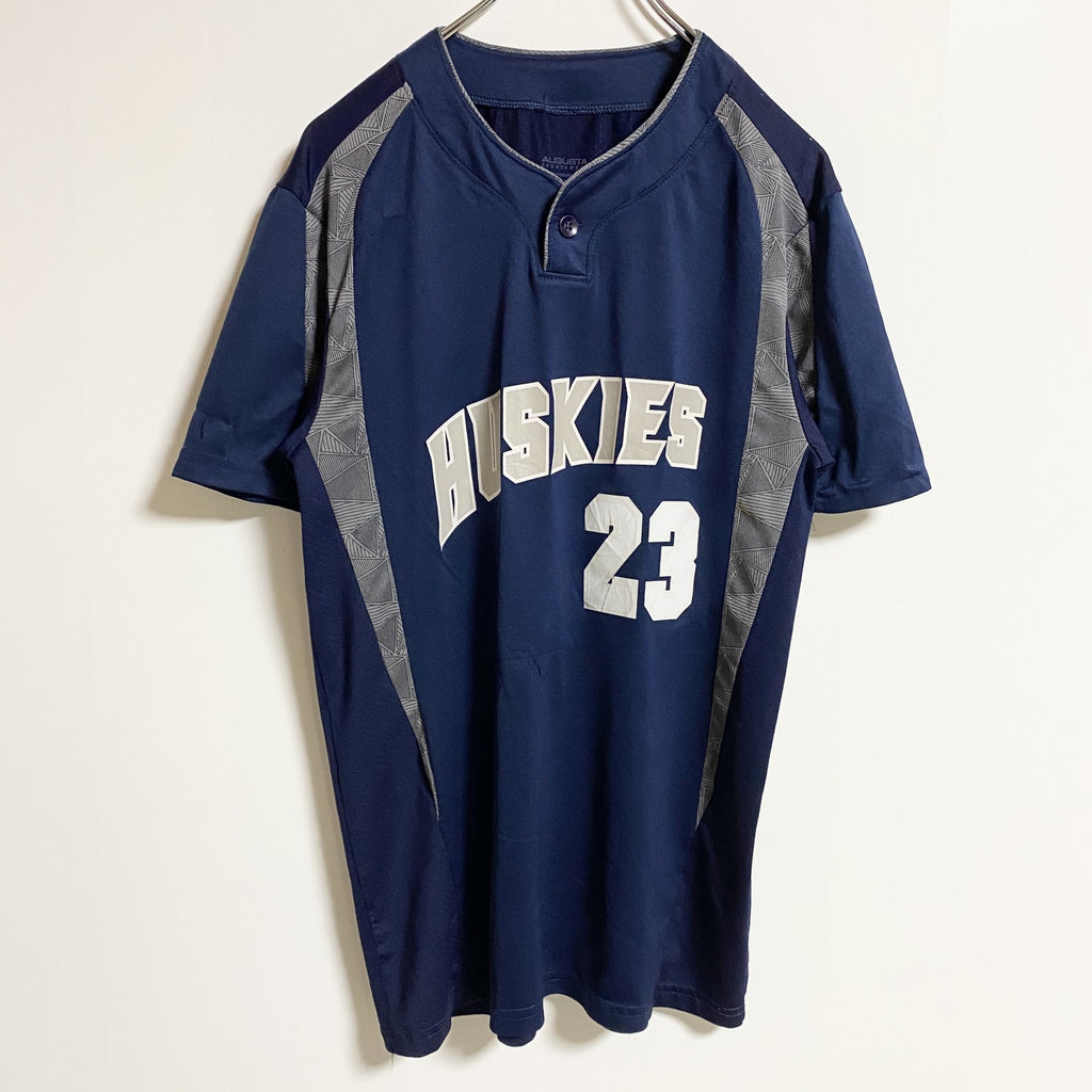 huskies 半袖ロゴプリントゲームシャツ　ユニフォーム風　バックプリント　スポーティー　ネイビー　紺　Sサイズ　古着