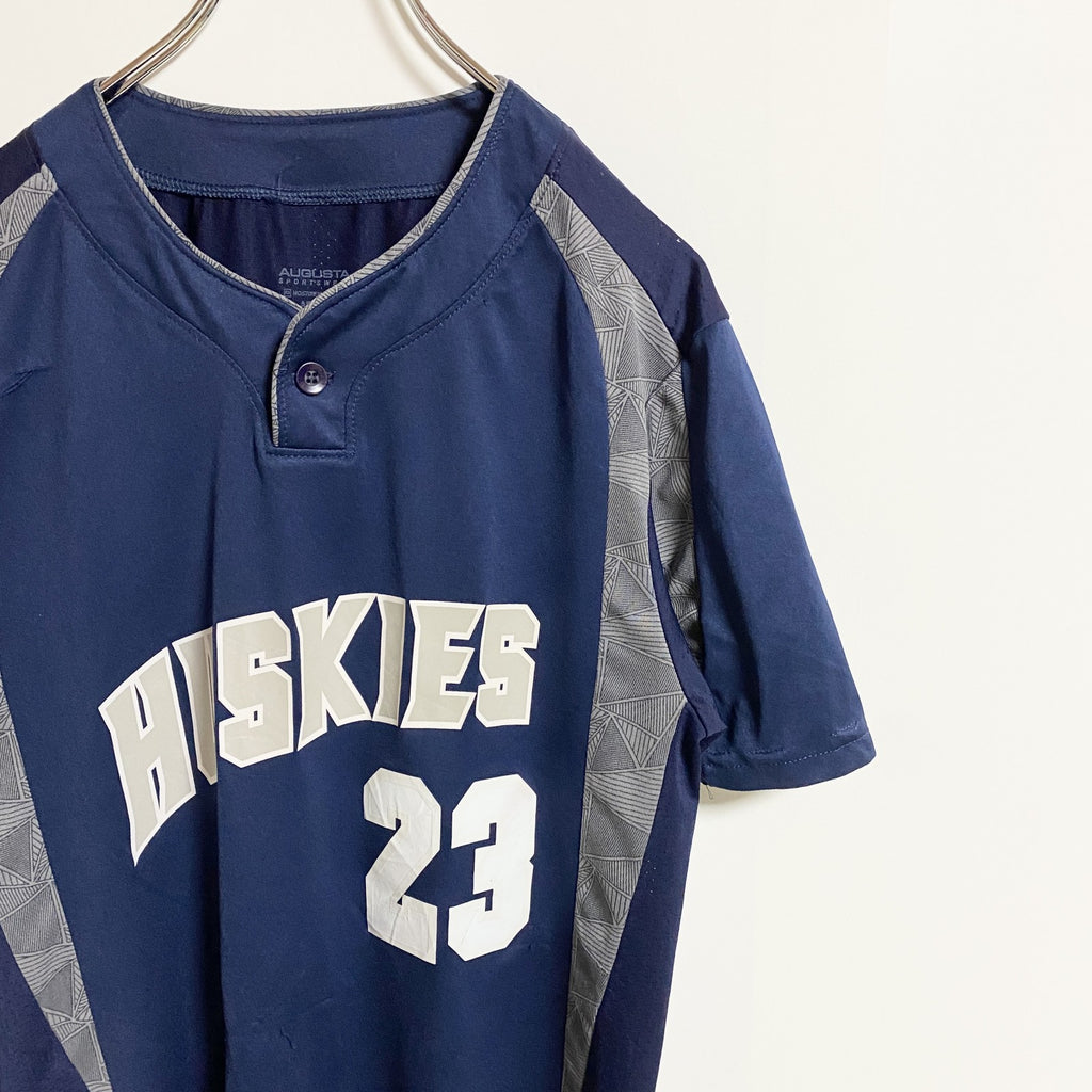 huskies 半袖ロゴプリントゲームシャツ　ユニフォーム風　バックプリント　スポーティー　ネイビー　紺　Sサイズ　古着