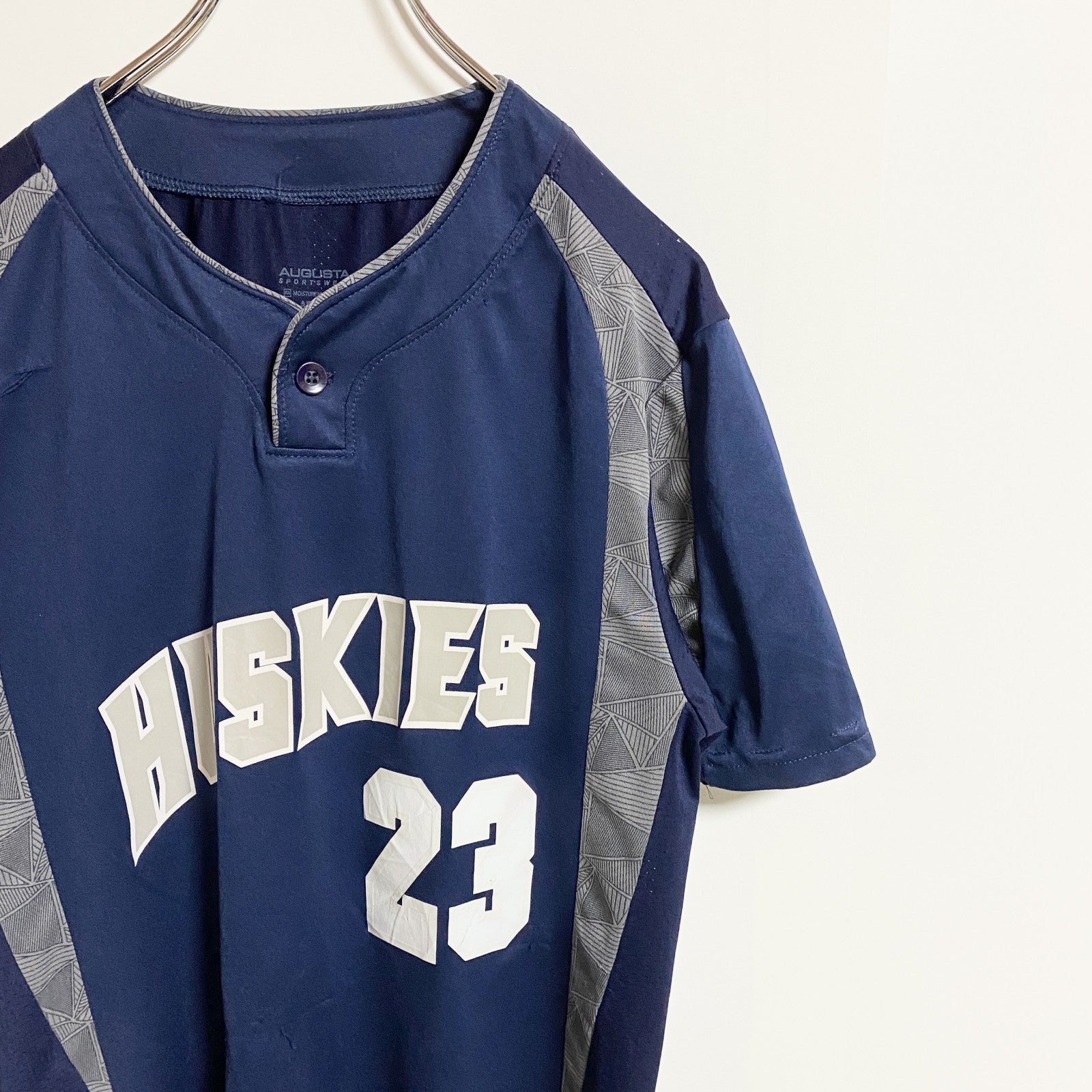 huskies 半袖ロゴプリントゲームシャツ　ユニフォーム風　バックプリント　スポーティー　ネイビー　紺　Sサイズ　古着