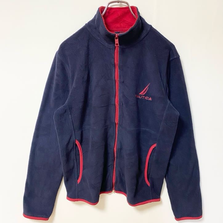 NAUTICA ノーティカ　長袖ジップアップフリースジャケット　ワンポイント刺繍　ハイネック　ネイビー　紺　XSサイズ　古着