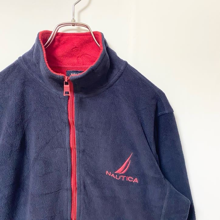 NAUTICA ノーティカ　長袖ジップアップフリースジャケット　ワンポイント刺繍　ハイネック　ネイビー　紺　XSサイズ　古着