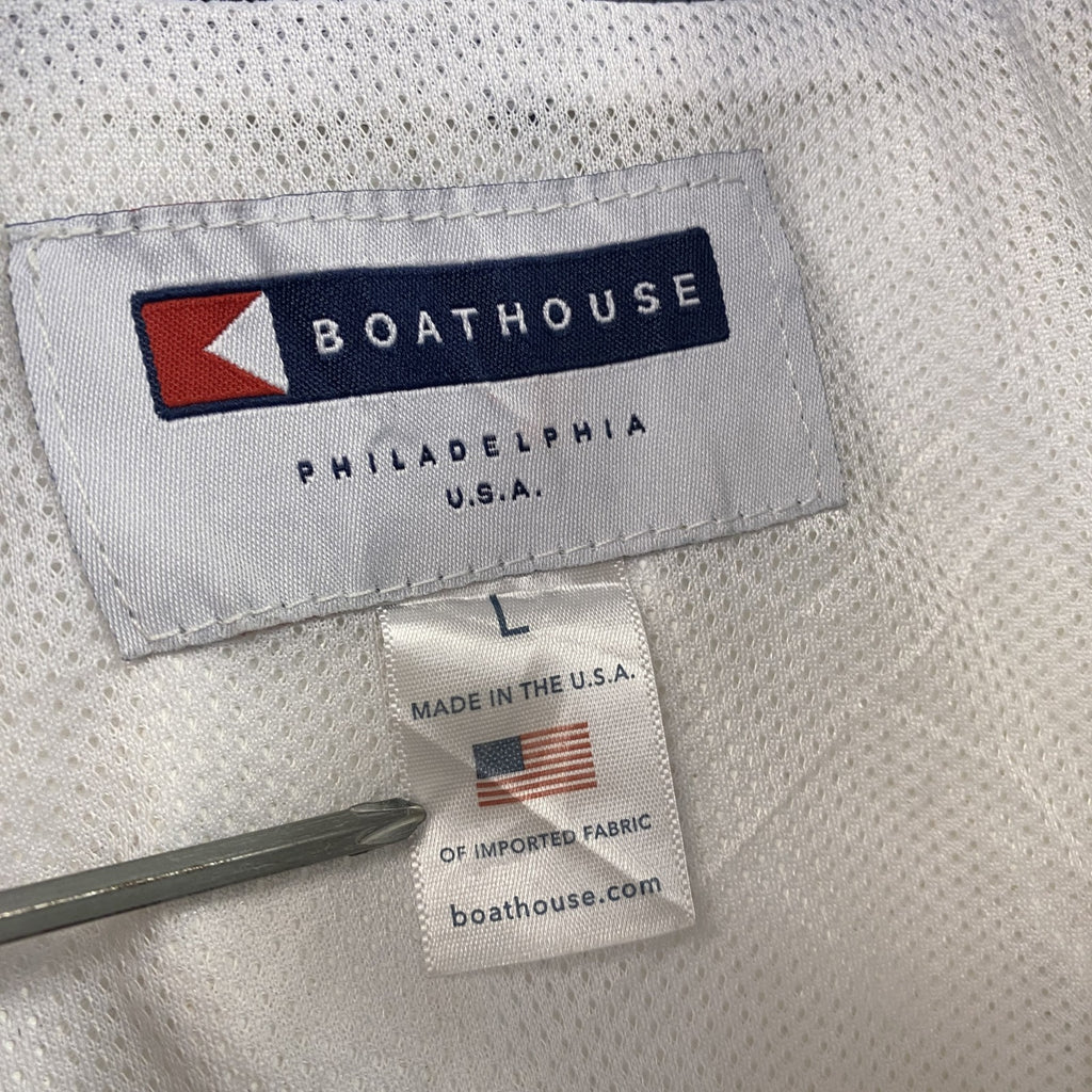 ～90s　BOATHOUSE　ハーフジップナイロンプルオーバージャケット　刺繍ロゴ　アーチプリント　黒　ブラック　Lサイズ　　ヴィンテージ　古着