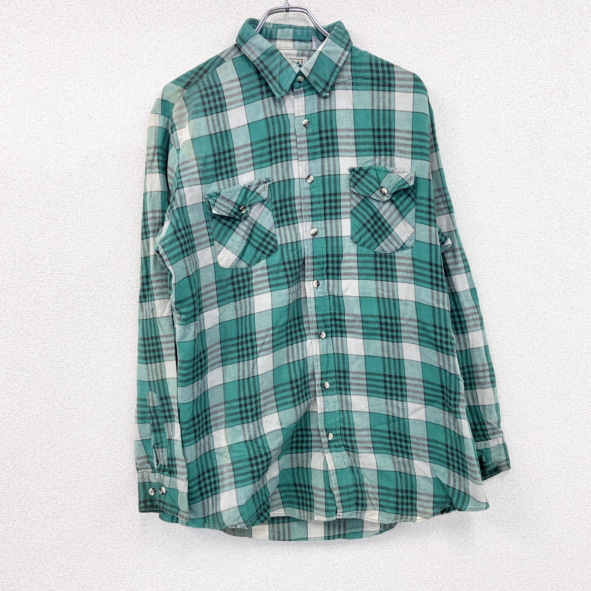 80s　OUTDOOR EXCHANGE　長袖シャツ　チェック柄　ヴィンテージ　緑　グリーン　Lサイズ　古着