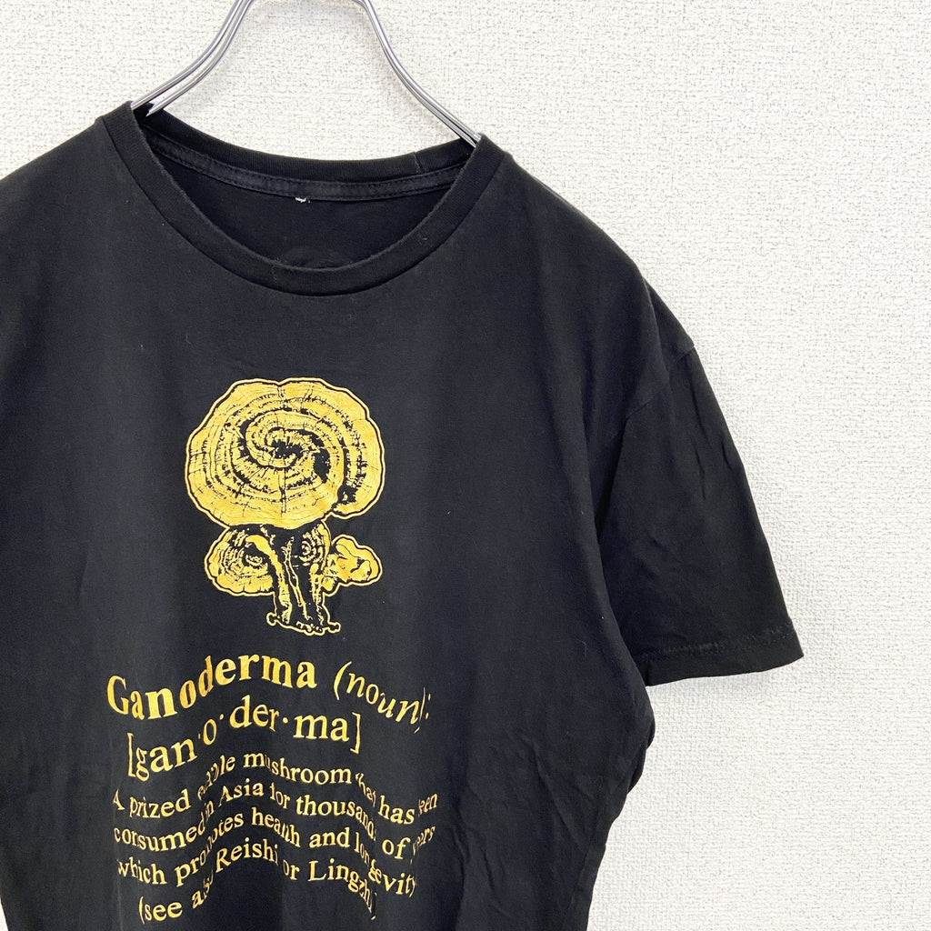 ORGANO　半袖デザインプリントTシャツ　レイシ　キノコ　6連プリント　クルーネック　黒　ブラック　古着