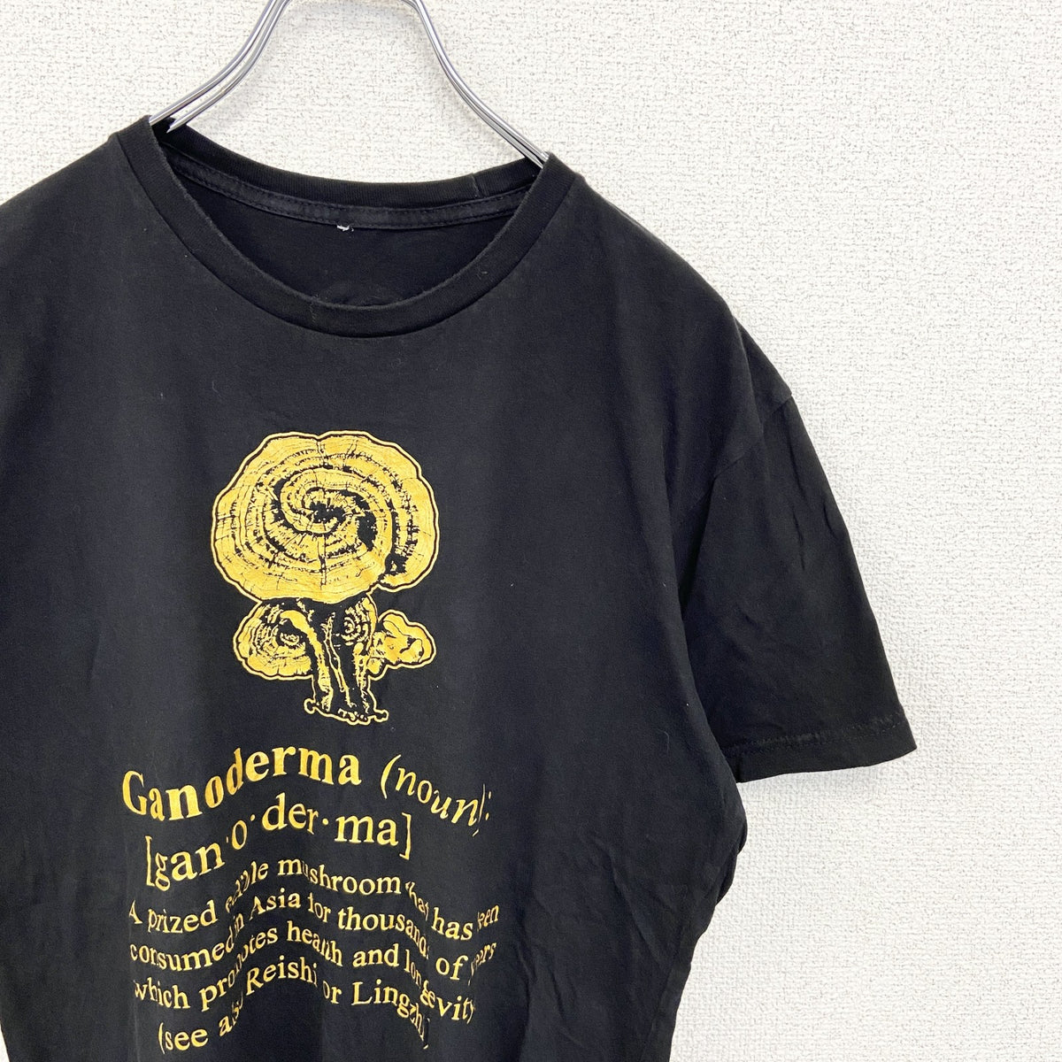 ORGANO　半袖デザインプリントTシャツ　レイシ　キノコ　6連プリント　クルーネック　黒　ブラック　古着