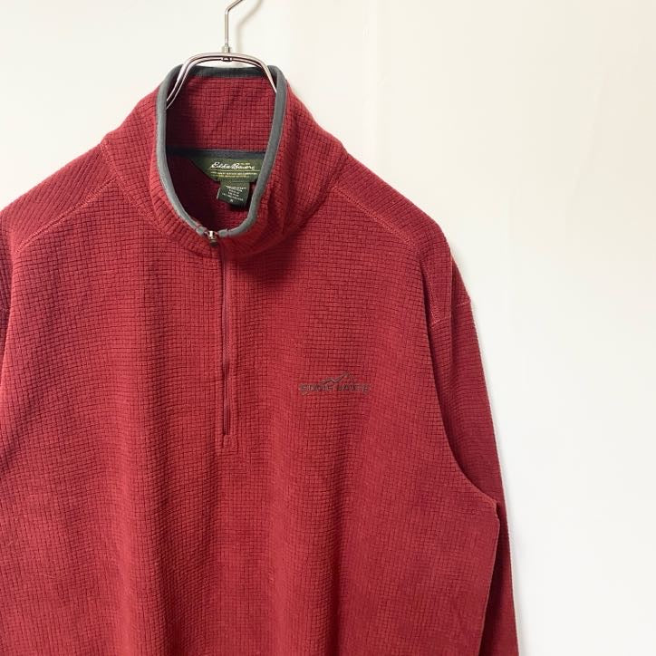 古着 used　Eddie Bauer　エディーバウアー　長袖ハイネックハーフジップフリース　ワンポイント刺繍　レッド　Mサイズ