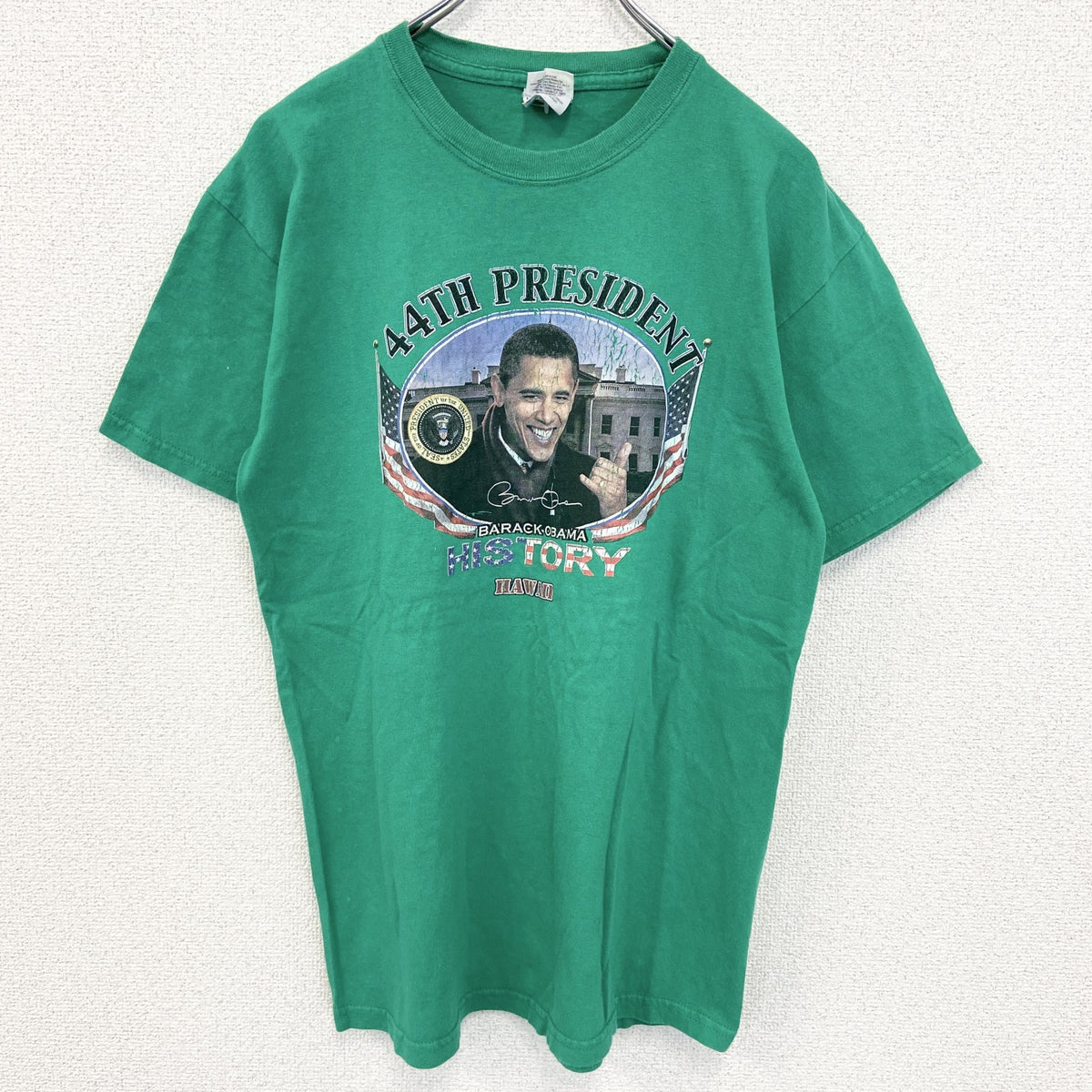 GILDAN ギルダン　半袖プリントTシャツ　OBAMA オバマ　元アメリカ大統領　緑　グリーン　Mサイズ カットソー メンズ 古着