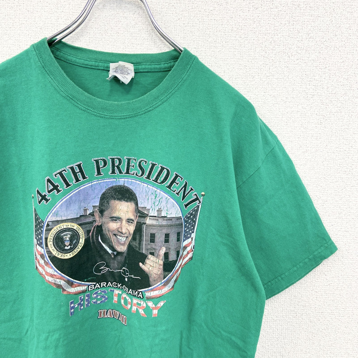 GILDAN ギルダン　半袖プリントTシャツ　OBAMA オバマ　元アメリカ大統領　緑　グリーン　Mサイズ カットソー メンズ 古着
