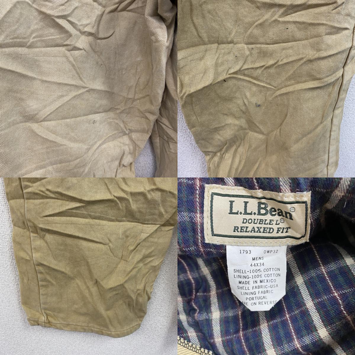 ～00s　L.L.Bean　エルエルビーン　デニムパンツ/ジーンズ　ジップフライ　革パッチ　ネル生地ライナー　ベージュ　W44サイズ　古着