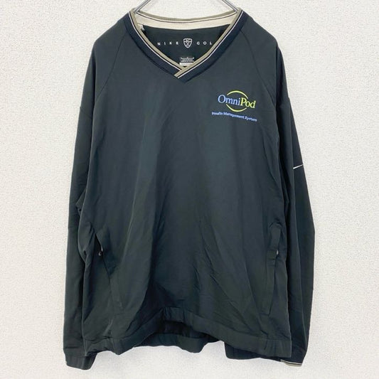 古着 used　NIKEGOLF ナイキゴルフ　長袖ナイロンプルオーバー　刺繡デザイン　スウッシュロゴ　黒　Vネック　Mサイズ