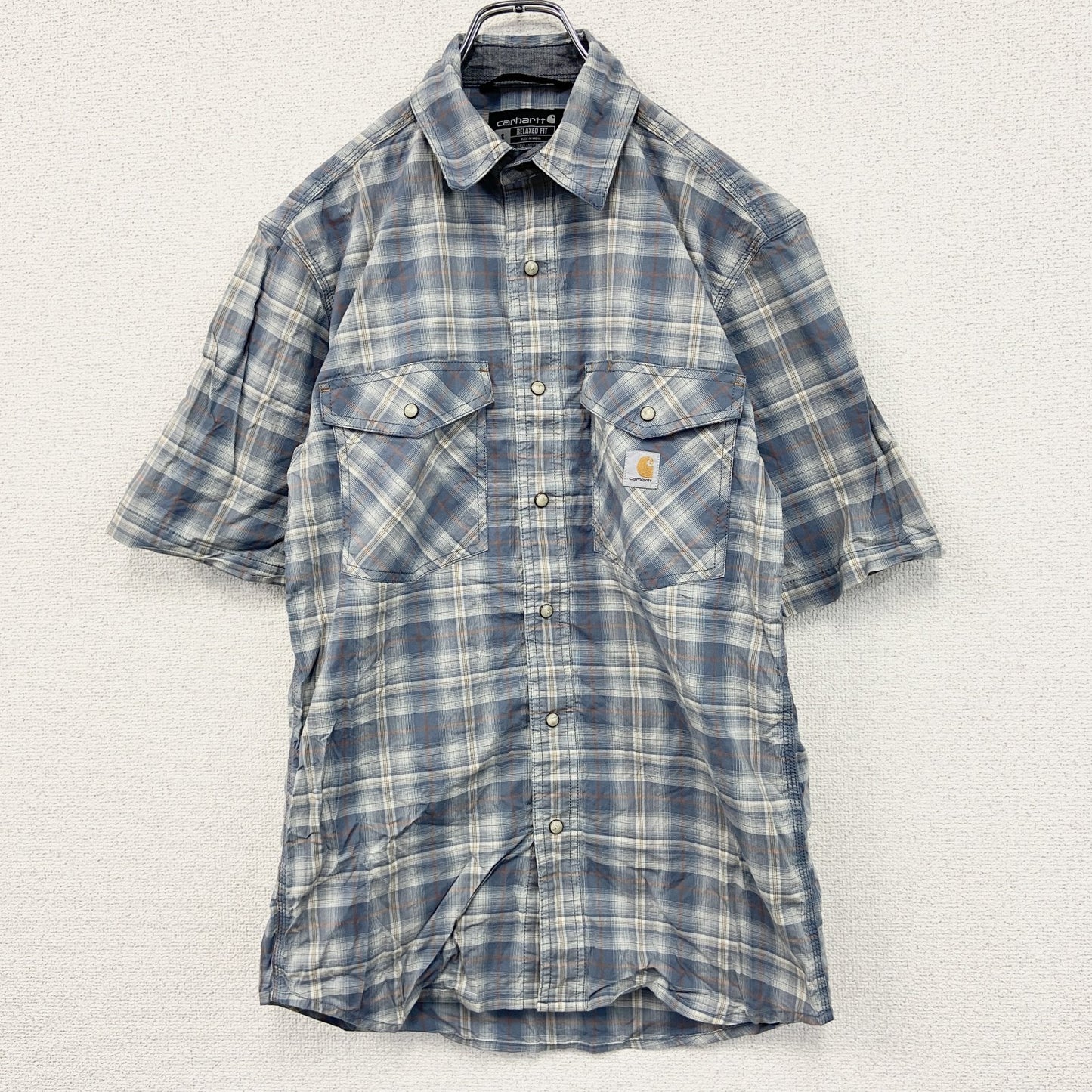 Carhartt　カーハート　半袖ボタンダウンシャツ　ダブルポケット　オンブレチェック　ブルー　青　Sサイズ