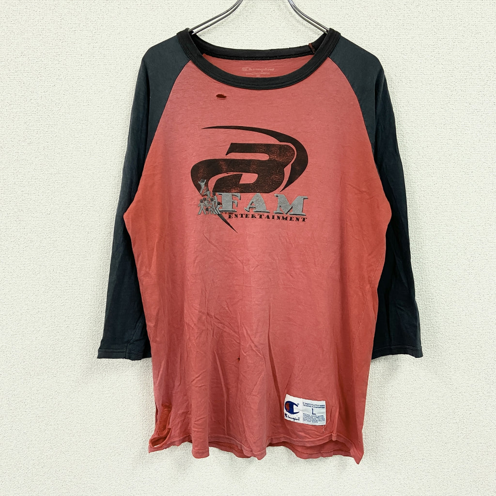 Champion　チャンピオン　七分袖Tシャツ　ラグランスリーブ　バイカラー　赤　レッド　黒　ブラック　Lサイズ　古着