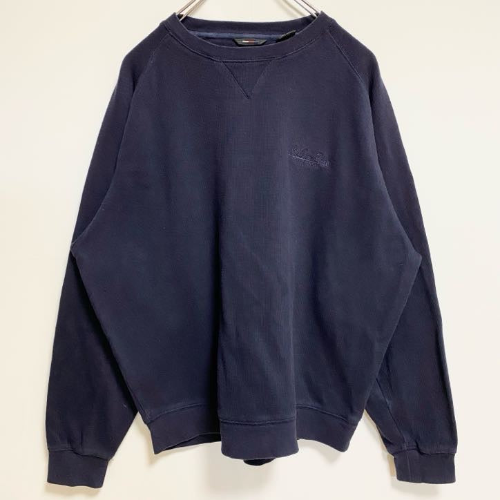 Heritage Cross　スウェット/トレーナー　フェード　前V　刺繍ロゴ　ラグランスリーブ　ワンポイント　紺　ネイビー　Lサイズ　古着