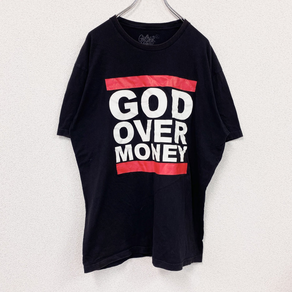 GOD OVER MONEY　RUN DMC 半袖パロディプリントTシャツ　レコードレーベル　黒　ブラック　XLサイズ　古着