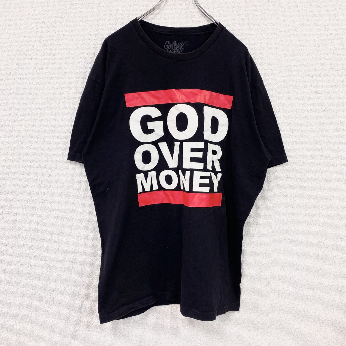 GOD OVER MONEY　RUN DMC 半袖パロディプリントTシャツ　レコードレーベル　黒　ブラック　XLサイズ　古着
