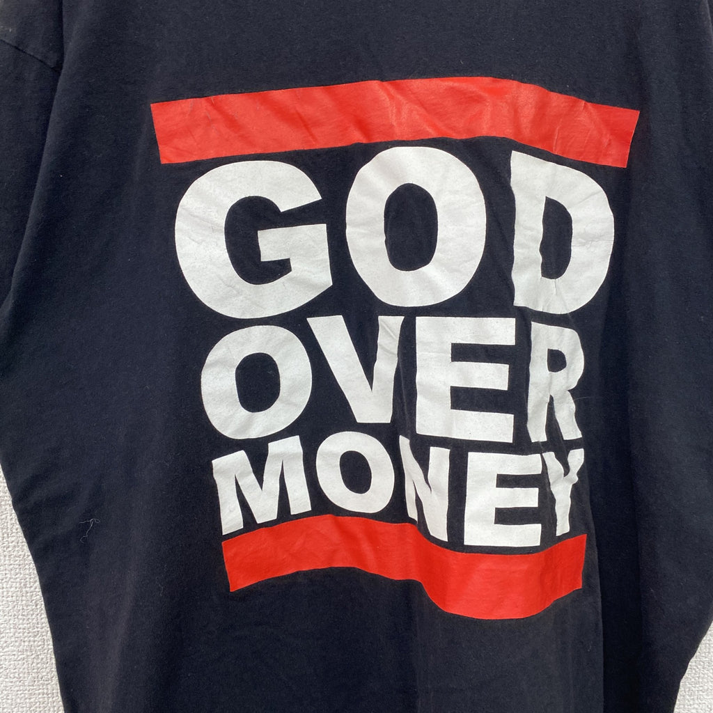 GOD OVER MONEY　RUN DMC 半袖パロディプリントTシャツ　レコードレーベル　黒　ブラック　XLサイズ　古着