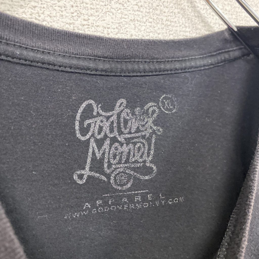 GOD OVER MONEY　RUN DMC 半袖パロディプリントTシャツ　レコードレーベル　黒　ブラック　XLサイズ　古着