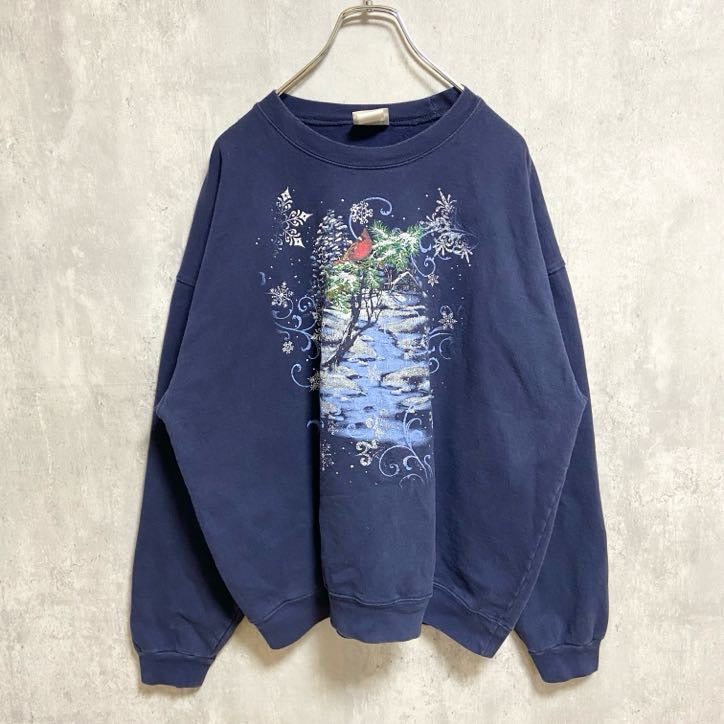 PleasantShade　長袖ビッグプリントスウェット　トレーナー　クルーネック　冬　雪　ネイビー　紺　XLサイズ　古着