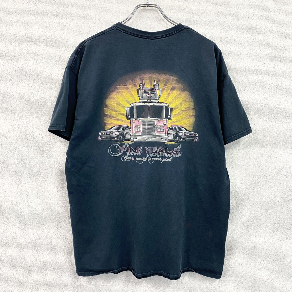 GILDAN　ギルダン　半袖プリントTシャツ　Pink Heals　両面プリント 紺　ネイビー　XLサイズ カットソー メンズ コットン 古着