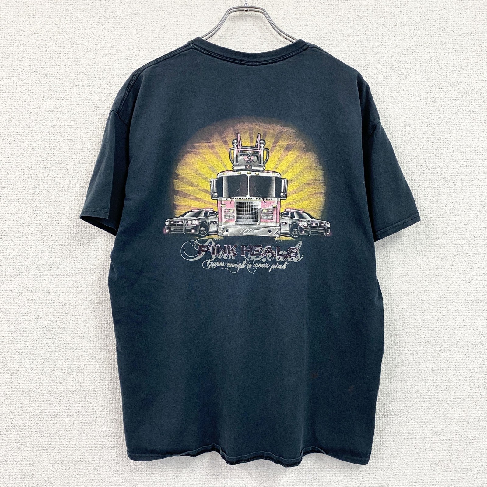 GILDAN　ギルダン　半袖プリントTシャツ　Pink Heals　両面プリント 紺　ネイビー　XLサイズ カットソー メンズ コットン 古着