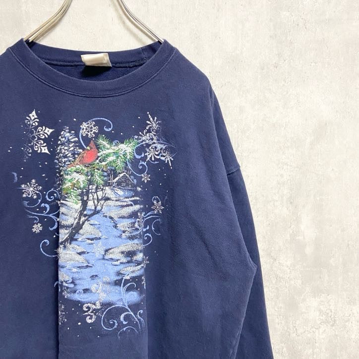 PleasantShade　長袖ビッグプリントスウェット　トレーナー　クルーネック　冬　雪　ネイビー　紺　XLサイズ　古着