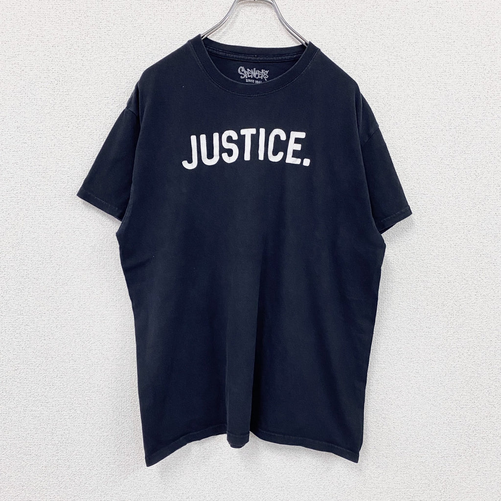 Spencer's　スペンサーズ　半袖プリントホラーTシャツ　JUSTICE　英字プリント　黒　ブラック　Lサイズ　古着