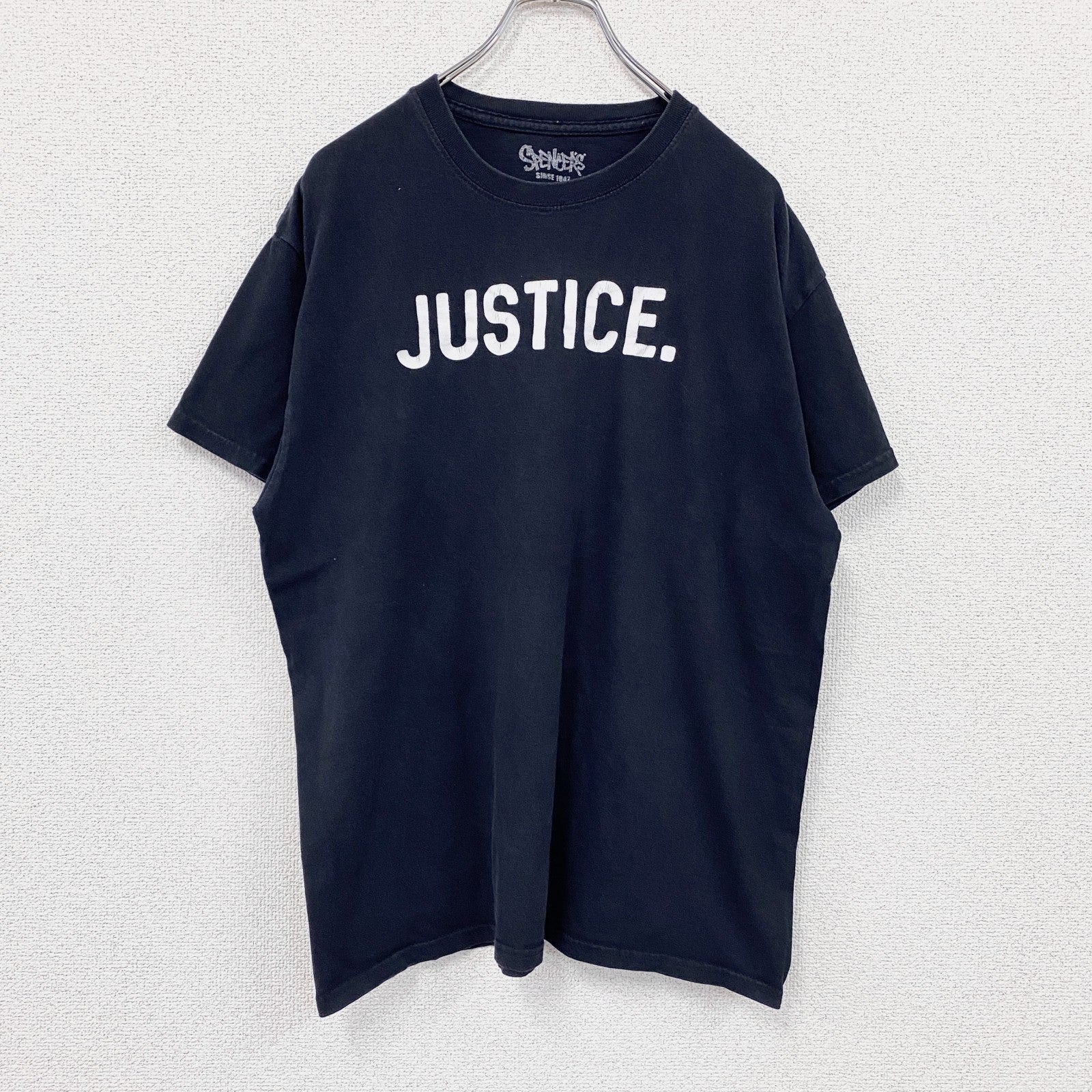 Spencer's　スペンサーズ　半袖プリントホラーTシャツ　JUSTICE　英字プリント　黒　ブラック　Lサイズ　古着