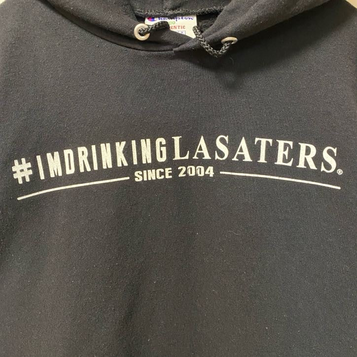 Champion　チャンピオン　長袖ロゴデザインパーカー　バックプリント　コーヒー　LASATERS　黒　ブラック　古着