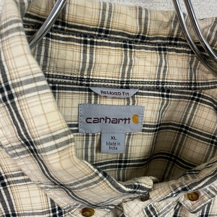 Carhartt　カーハート　半袖ボタンダウンシャツ　ダブルポケット　ギンガムチェック　ベージュ　XLサイズ