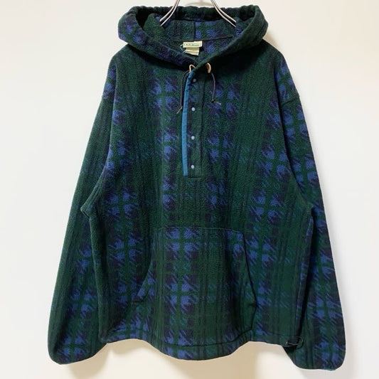 古着 used　90s　L.L.Bean　エルエルビーン　長袖チェック柄フリースジャケット　総柄パーカー　緑　ヴィンテージ