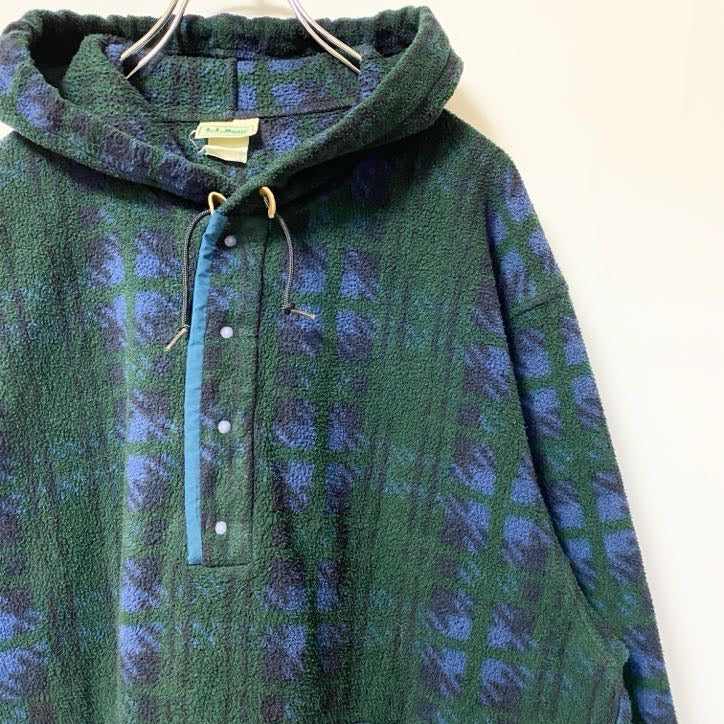 古着 used　90s　L.L.Bean　エルエルビーン　長袖チェック柄フリースジャケット　総柄パーカー　緑　ヴィンテージ