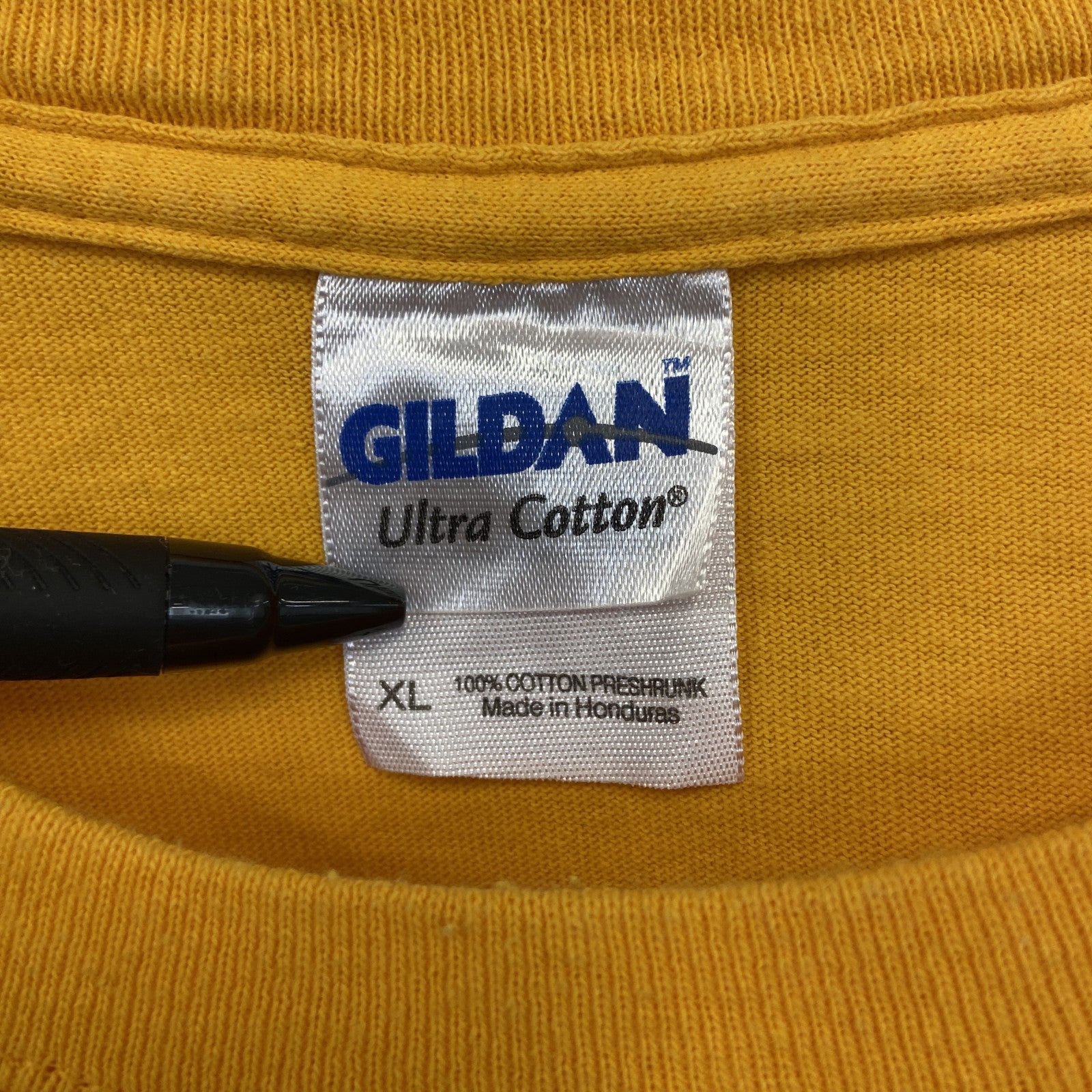 GILDAN ギルダン　半袖プリントTシャツ　ビッグT　MIZZZOU.　クルーネック　黄色　イエロー　XLサイズ　古着