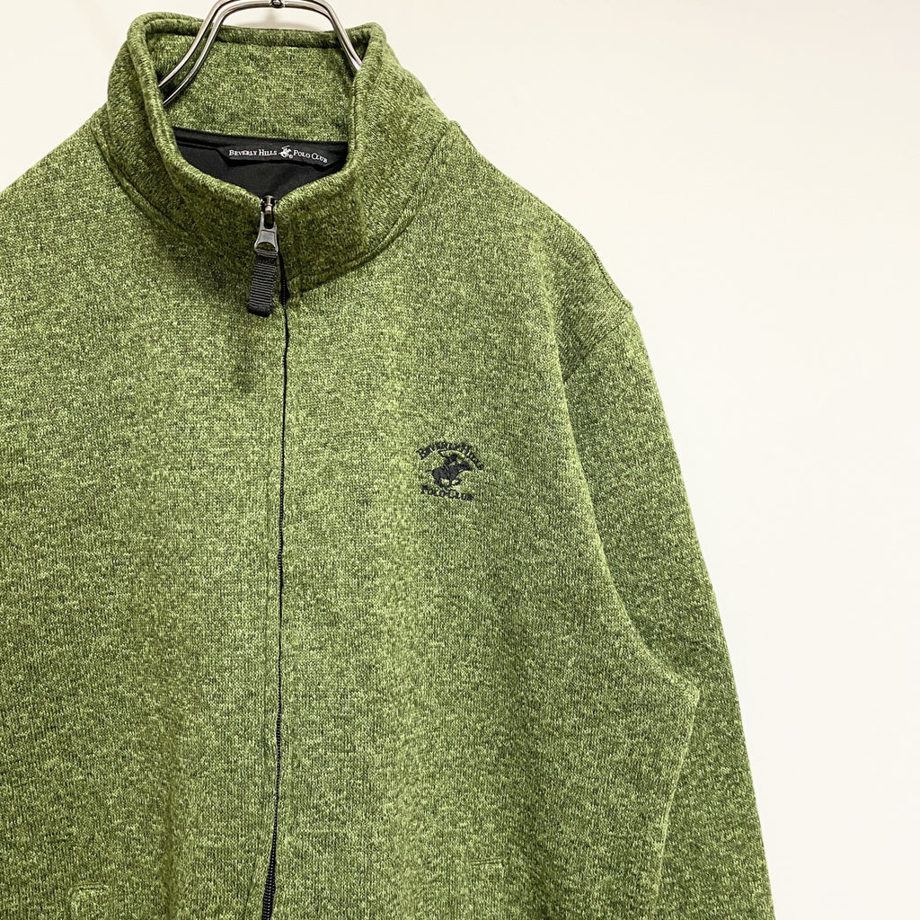 BEVERLY HILLS POLOCLUB　長袖ワンポイント刺繍フリースジャケット　緑　グリーン　Mサイズ　古着