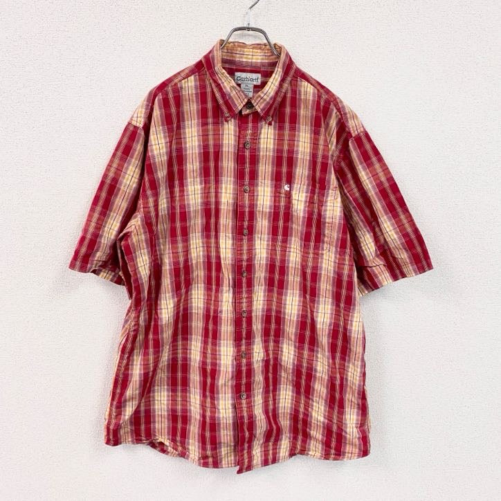 Carhartt　カーハート　半袖ボタンダウンシャツ　ボックスシャツ　オンブレチェック　赤　レッド　XLサイズ　古着