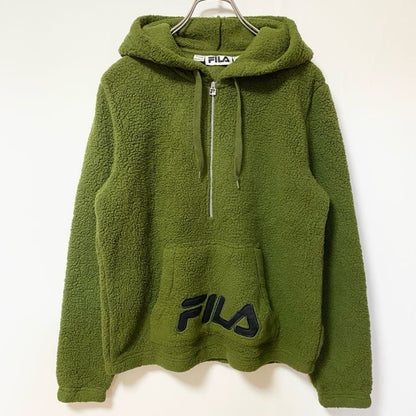 古着 used　FILA フィラ　長袖フリースジャケット　ハーフジップパーカー　プルオーバー　ロゴワッペン　緑　グリーン　Sサイズ