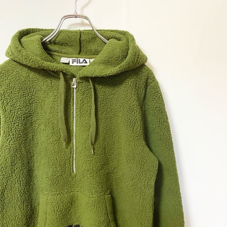 古着 used　FILA フィラ　長袖フリースジャケット　ハーフジップパーカー　プルオーバー　ロゴワッペン　緑　グリーン　Sサイズ