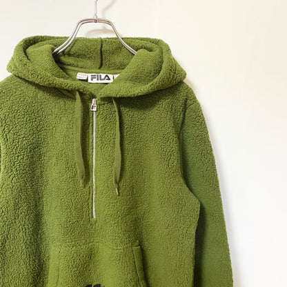 古着 used　FILA フィラ　長袖フリースジャケット　ハーフジップパーカー　プルオーバー　ロゴワッペン　緑　グリーン　Sサイズ