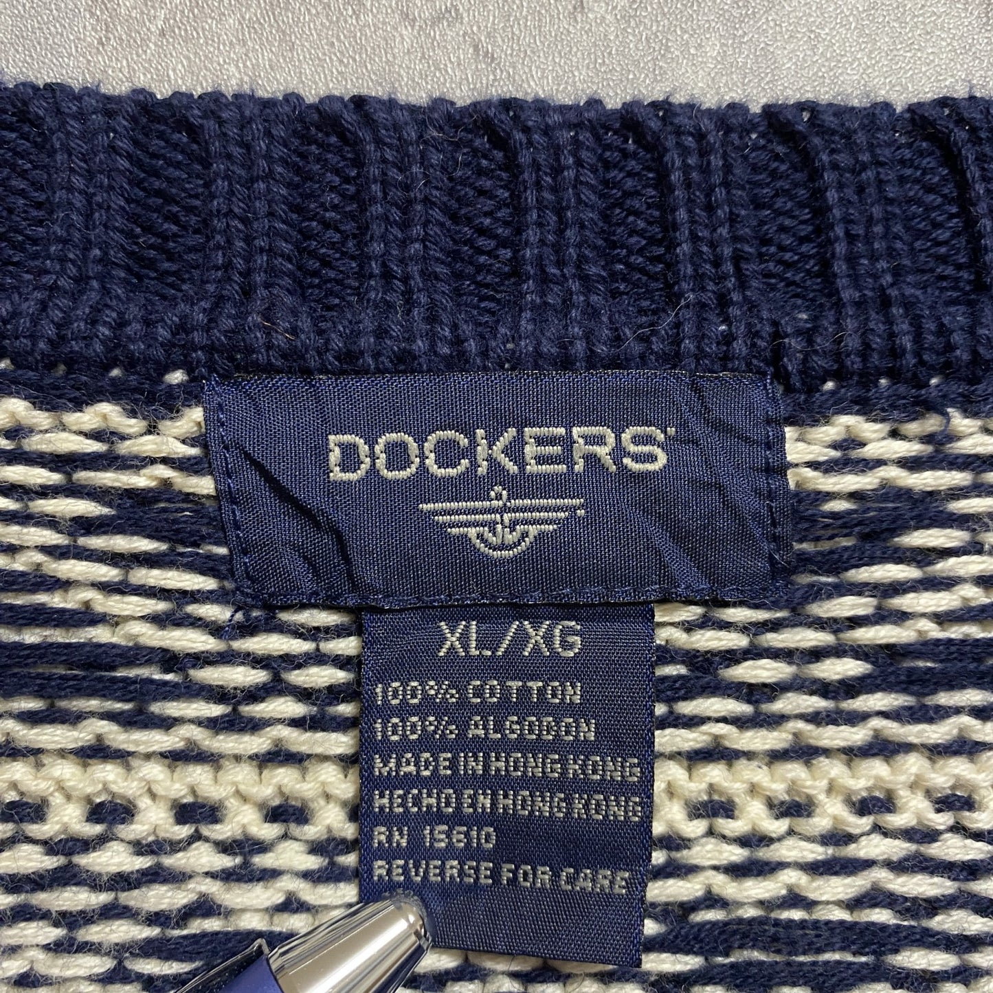 古着 used　DOCKERS　ドッカーズ　長袖総柄ニット　フェアアイル柄セーター　ネイビー　オーバーサイズ　秋冬服　XLサイズ