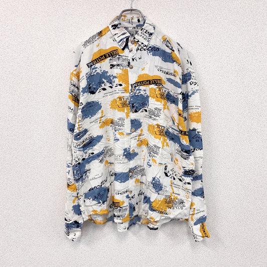 CARDCHE　長袖総柄デザインシャツ　マルチカラー　白　ホワイト　黄色　イエロー　青　ブルー　Lサイズ