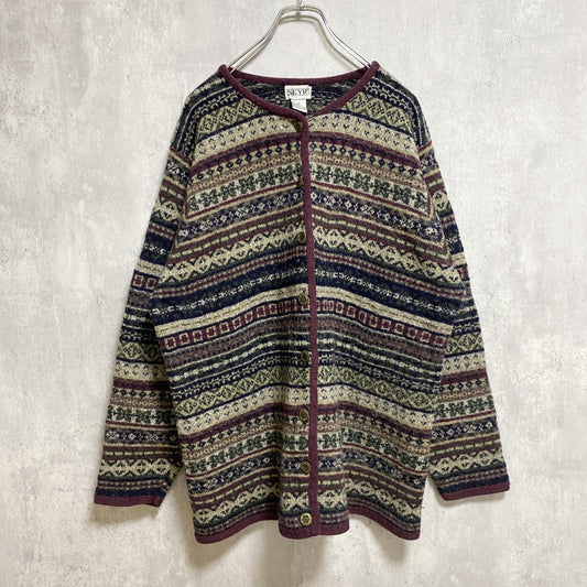 古着 used　～90s　SKYR　長袖総柄フルボタンセーター　ウールニットカーディガン　ノルディック柄　秋冬服　Lサイズ