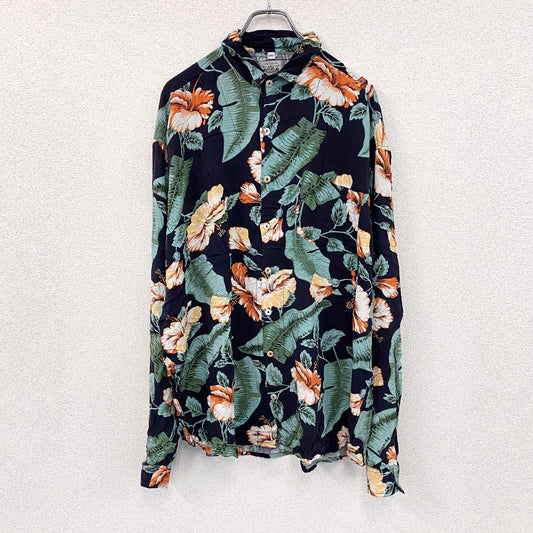 CARDCHE　長袖総柄デザインシャツ　アロハシャツ　マルチカラー　紺　ネイビー　緑　グリーン　オレンジ　2XLサイズ