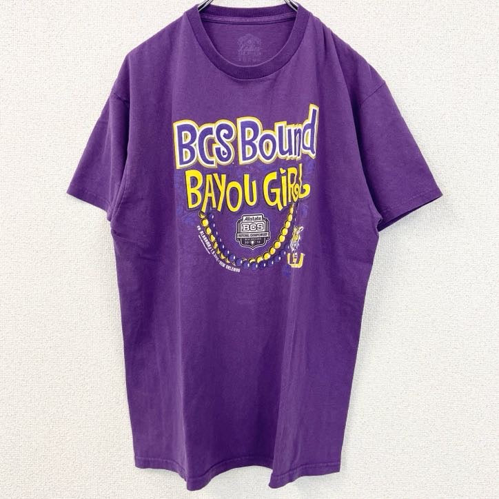 半袖プリントTシャツ　BCS　BOUND　BAYOU　GIRL　レトロデザイン　パープル　紫　Lサイズ　古着