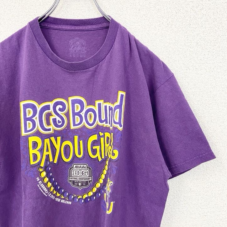 半袖プリントTシャツ　BCS　BOUND　BAYOU　GIRL　レトロデザイン　パープル　紫　Lサイズ　古着