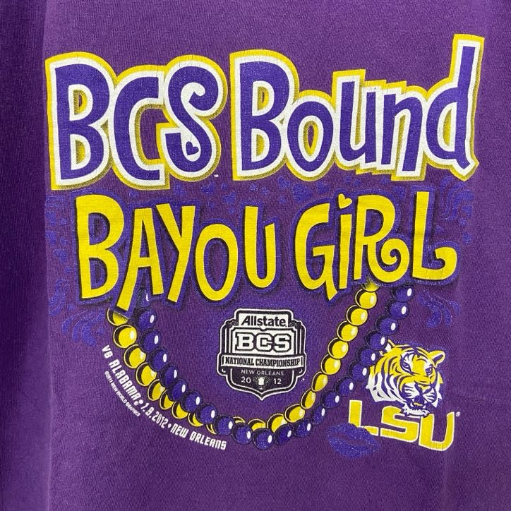 半袖プリントTシャツ　BCS　BOUND　BAYOU　GIRL　レトロデザイン　パープル　紫　Lサイズ　古着