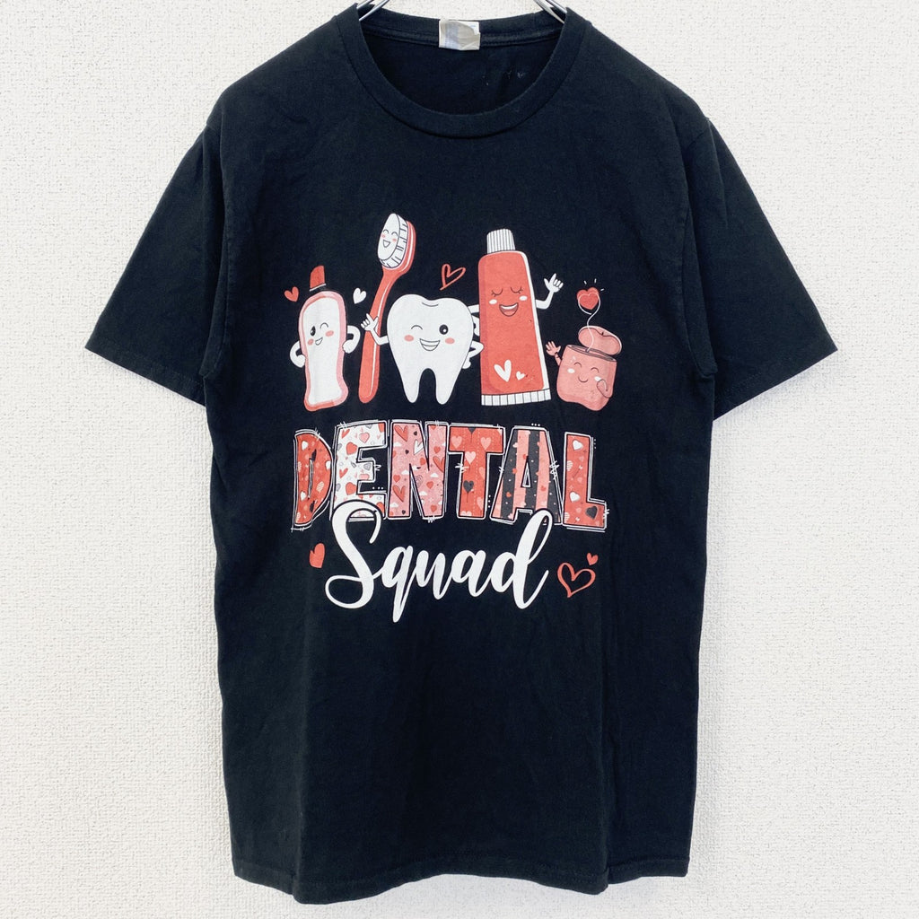 PORT＆COMPANY　半袖プリントロゴTシャツ　3連プリント　ハート　歯磨きセット　英字プリント　黒　ブラック　Sサイズ　古着