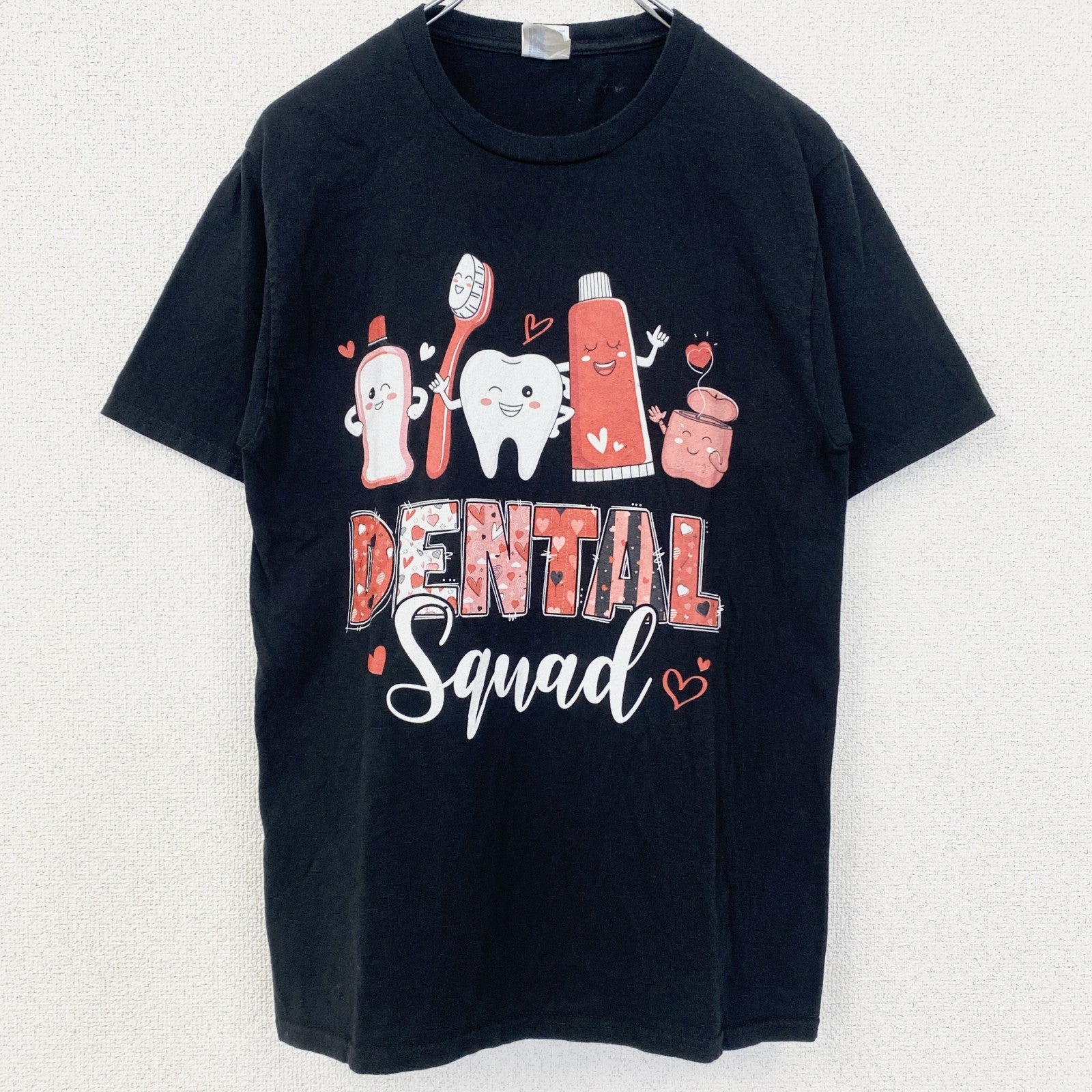 PORT＆COMPANY　半袖プリントロゴTシャツ　3連プリント　ハート　歯磨きセット　英字プリント　黒　ブラック　Sサイズ　古着